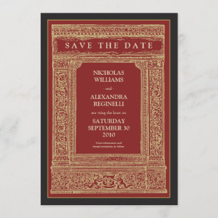 Antike gravierte Einladung Save the Date (rot/gold