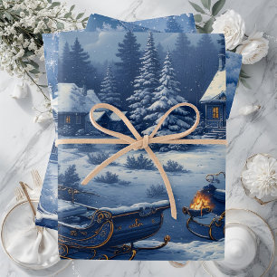 Antike gravierte französische Toile-Schneelandscha Geschenkpapier Set