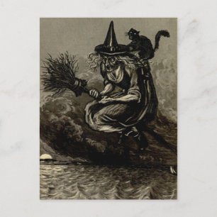 Antike Gravur Hexe auf Besen Postkarte