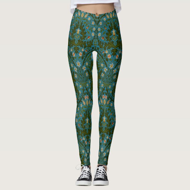 Antike Grün Blau William Morris Herbstblumen Leggings (Vorderseite)