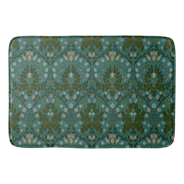 Antike Grün Blaue William Morris Herbstblumen Badematte (Vorderseite)