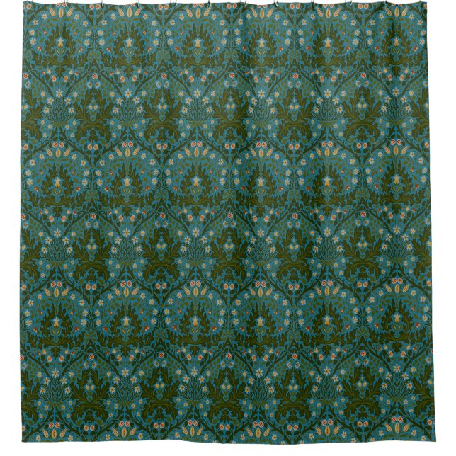 Antike Grün Blaue William Morris Herbstblumen Duschvorhang (Vorderseite)