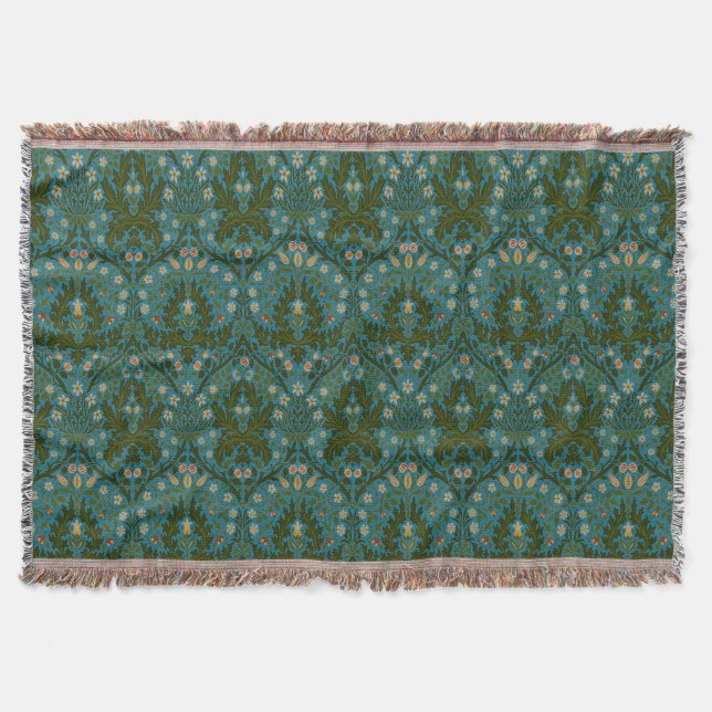 Antike grüne blaue William Morris Herbstblumen Decke (Vorderseite)