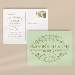 Antike grüne Gold-Ornamentik Save-the-Date Ankündigungspostkarte