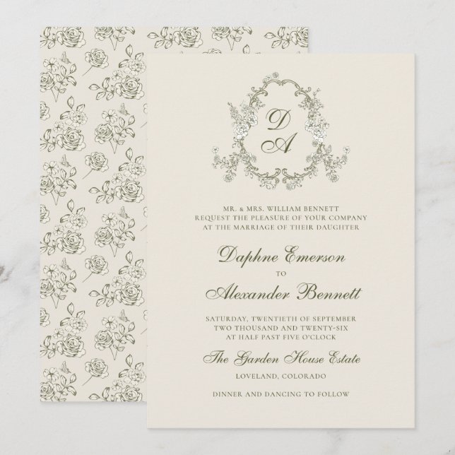 Antike grüne monogrammierte florale Hochzeit Einladung (Vorne/Hinten)