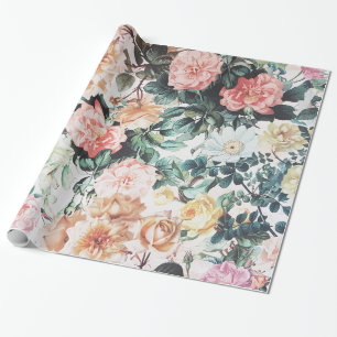 Antike grüne rosa gelbe Aquarellrosen floral. Geschenkpapier