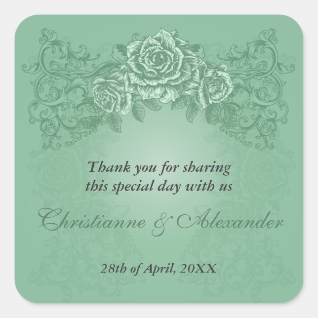 Antike grüne Rose Hochzeitsticker Quadratischer Aufkleber (Vorderseite)