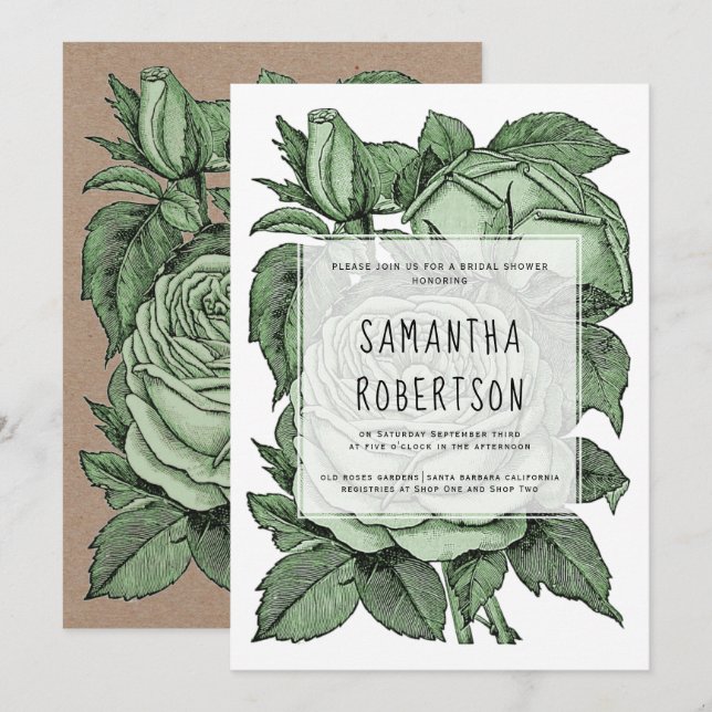 Antike grüne Rose Jahrgang Hochzeit Brautparty Einladung (Vorne/Hinten)