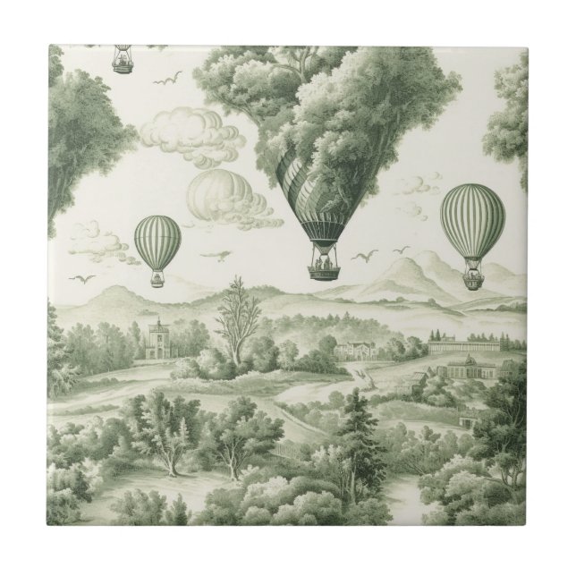 Antike grüne Toile de Jouy Idylle-Muster Fliese (Vorderseite)