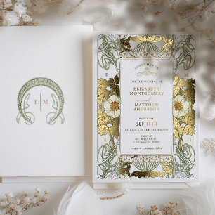 Antike grüne und goldene Hochzeit Art Nouveau Much Folieneinladung