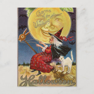 Antike Halloween-Hexen-Mond-Katzen-Postkarte Feiertagspostkarte