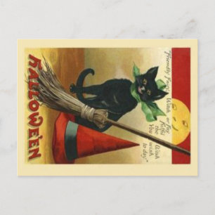 Antike Halloween-Katze-&-Besen-Postkarte Postkarte