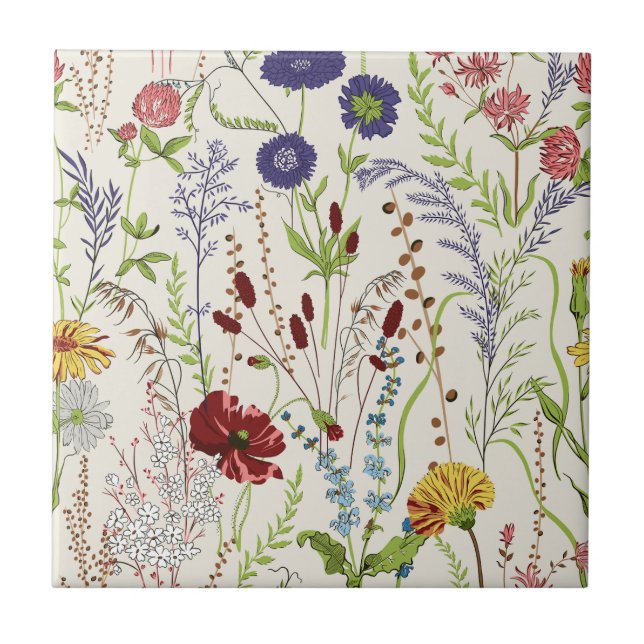 Antike handgezeichnete Wiesenwildblume Fliese (Vorderseite)