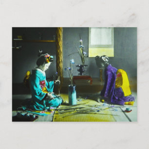 Antike handkolorierte japanische Geisha-Magic-Lant Postkarte