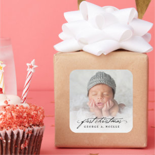 Antike Handschrift Baby's 1. Weihnachten Foto Quadratischer Aufkleber