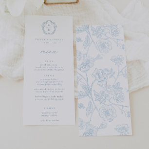 Antike hellblaue Monogramm-Wappen-Blumen-Hochzeit Menükarte