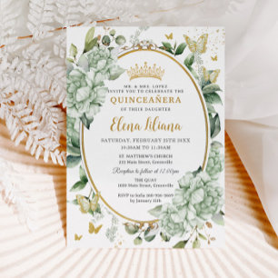Antike Hellgrüne Blumen Schmetterlinge Quinceañera Einladung