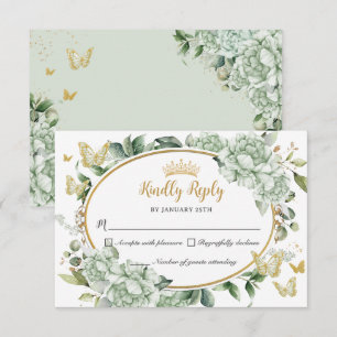 Antike Hellgrüne Blumen Schmetterlinge Quinceañera RSVP Karte