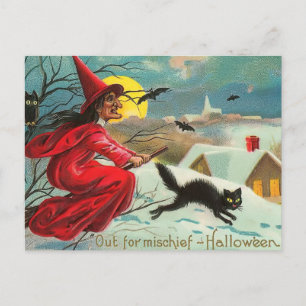 Antike Hexen- und Katzenpostkarte Postkarte