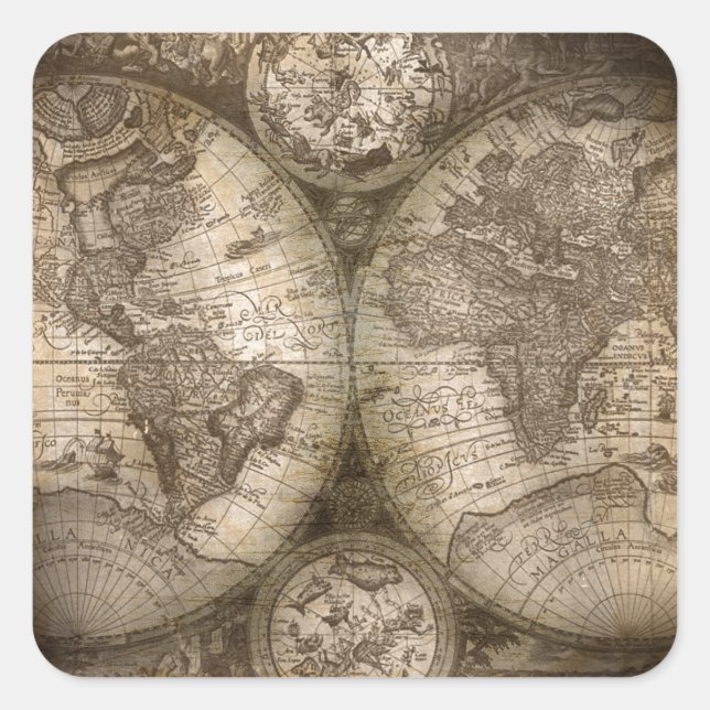 Antike historische Atlaskarte Kontinente Quadratischer Aufkleber (Vorderseite)