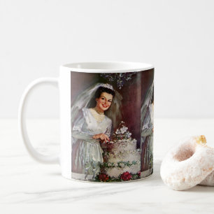 Antike Hochzeit, Braut schneidet die Hochzeitstort Kaffeetasse