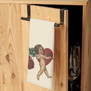 Antike Hochzeit, Cupid mit roter Rose und Herz Geschirrtuch