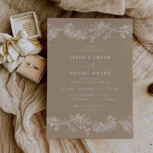 Antike Hochzeit mit blassem Taupe und weißen Blume Einladung
