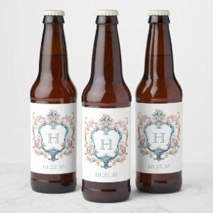Antike Hochzeit mit monogrammierten Blumenwappen Bierflaschenetikett