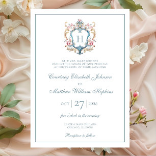 Antike Hochzeit mit monogrammierten Blumenwappen Einladung