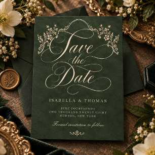 Antike Hochzeit mit Ornamenten in Waldgrün Save The Date