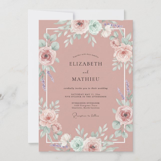 Antike Hochzeit mit rosa Rosen Einladung (Vorderseite)