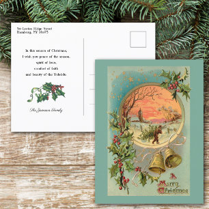 Antike Holly, Weihnachtsglocken und Schneeszene Postkarte