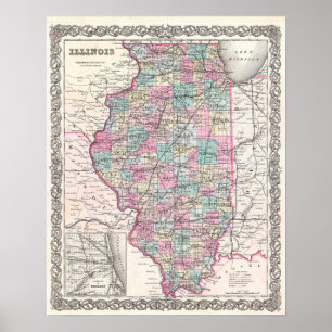 Antike Illinois-Karte als Vintage-Dekor Poster