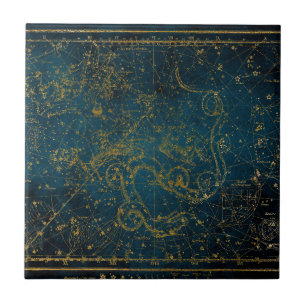 Antike illustrierte dunkelblaue und goldene Sternk Fliese