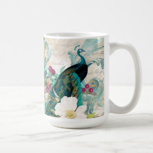 Antike illustrierte Pfau & Blumen Grunge Kaffeetasse
