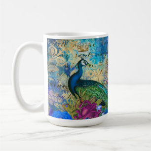 Antike illustrierte Pfau & Blumen Grunge Kaffeetasse