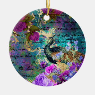Antike illustrierte Pfau & Blumen Grunge Keramik Ornament
