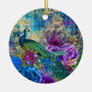 Antike illustrierte Pfau & Blumen Grunge Keramik Ornament