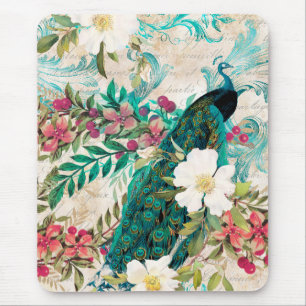 Antike illustrierte Pfau & Blumen Grunge Mousepad