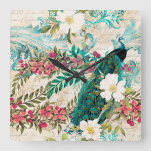 Antike illustrierte Pfau & Blumen Grunge Quadratische Wanduhr