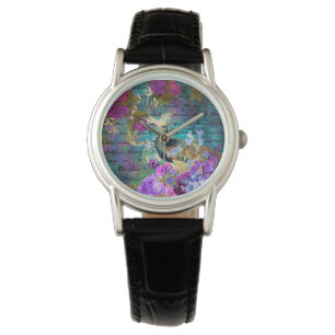 Antike illustrierte Pfau- und Blumen-Grunge Armbanduhr