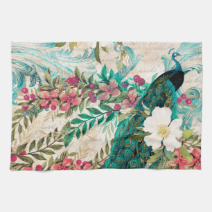 Antike illustrierte Pfau- und Blumen-Grunge Geschirrtuch