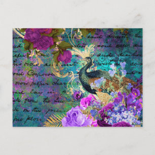 Antike illustrierte Pfau- und Blumen-Grunge Postkarte