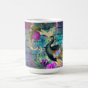 Antike illustrierte Pfau- und Blumengrunge Kaffeetasse