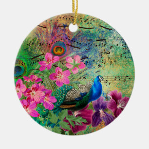 Antike illustrierte Pfau- und Blumengrunge Keramik Ornament