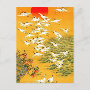 Antike japanische Kraniche bei Sonnenuntergang Postkarte