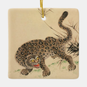 Antike japanische Schriftrolle mit geflecktem Leop Keramikornament