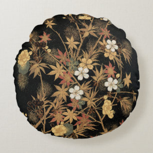 Antike japanische schwarze Gold-Herbst-Blumen-Kuns Rundes Kissen