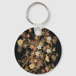 Antike japanische schwarze Gold-Herbst-Blumen-Kuns Schlüsselanhänger