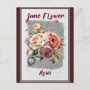 Antike June Flower Rose Blumen Postkarte